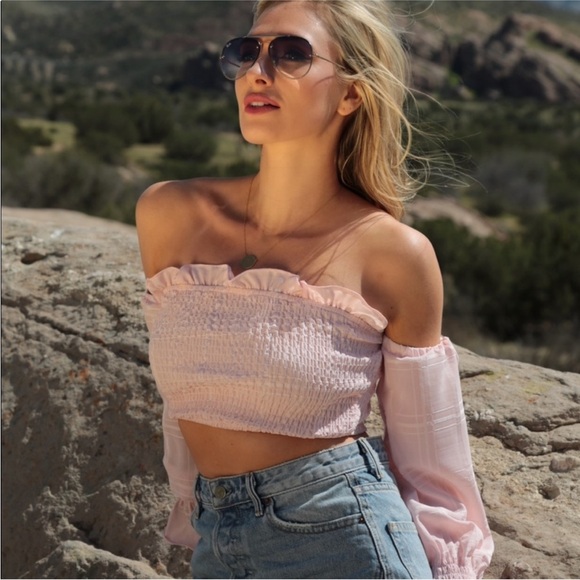 LPA Off The Shoulder Smocked Crop Top Pale Pink - Picture 2 of 16
